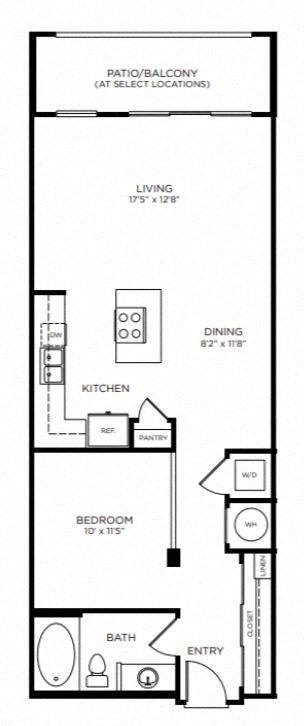 A black and white floor plan of a one bedroom apartment.